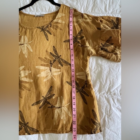 Elena Baldi Linen Lagenlook Brown & Gold Dragonfly Ruffled Sleeve Shirt Small - Picture 8 of 9